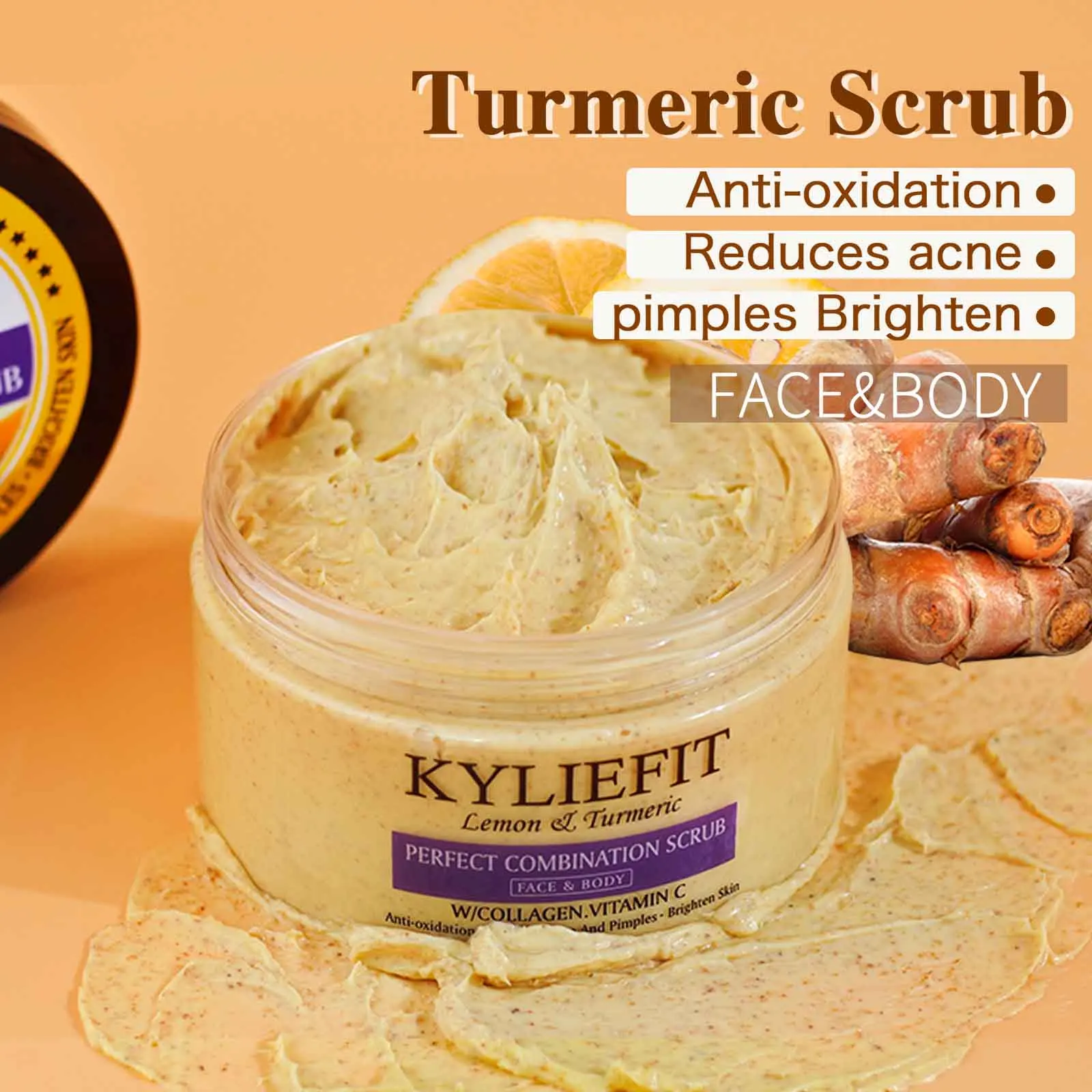 KYLIEFIT Organic Turmeric Body Scrub, Smoother & Whiter Skin, Lightening, Remove Dark Spots, Acne, for Face and Body