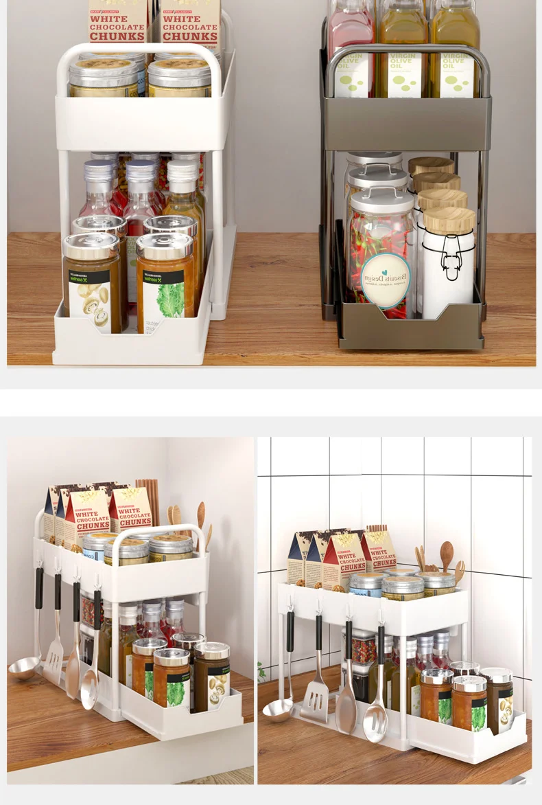 Pull-Out Double-Layer Storage Shelves Kitchen Sink Storage System Countertop Spice Rack Simple Rack