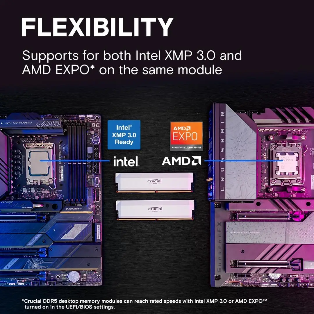 Crucial Pro DDR5 RAM 키트, 32GB 6000MHz, 오버클러킹 데스크탑 게이밍 메모리, 인텔 XMP 3.0 및 AMD Expo 호환-흰색