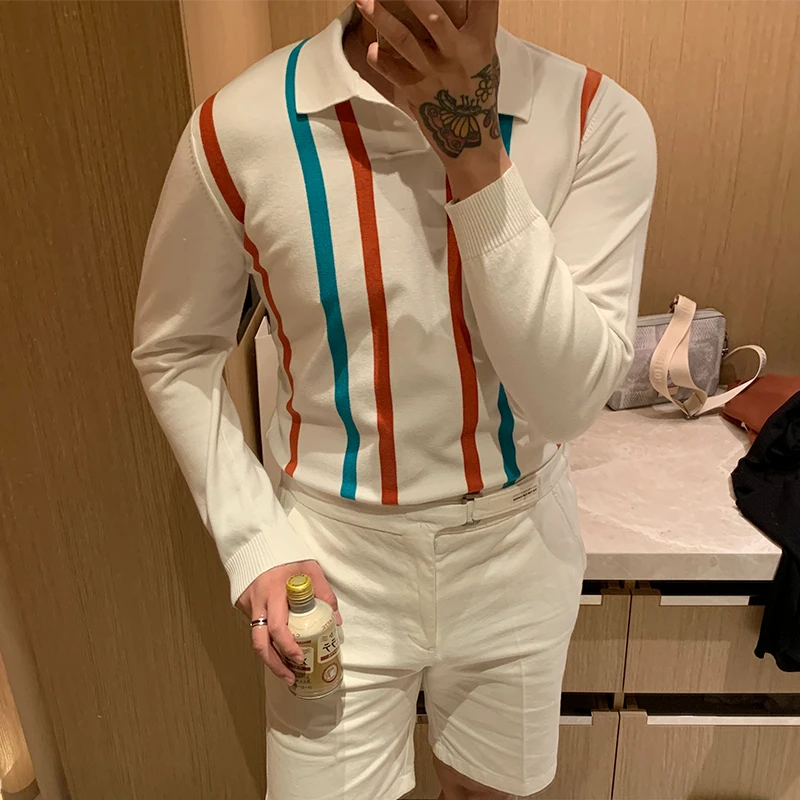 

Mens High Quality Slim Fit Pullover Sweater 2022 Autumn New Fashion Casual Men Loose Knitted Stripe Streetwear Knitwear L135