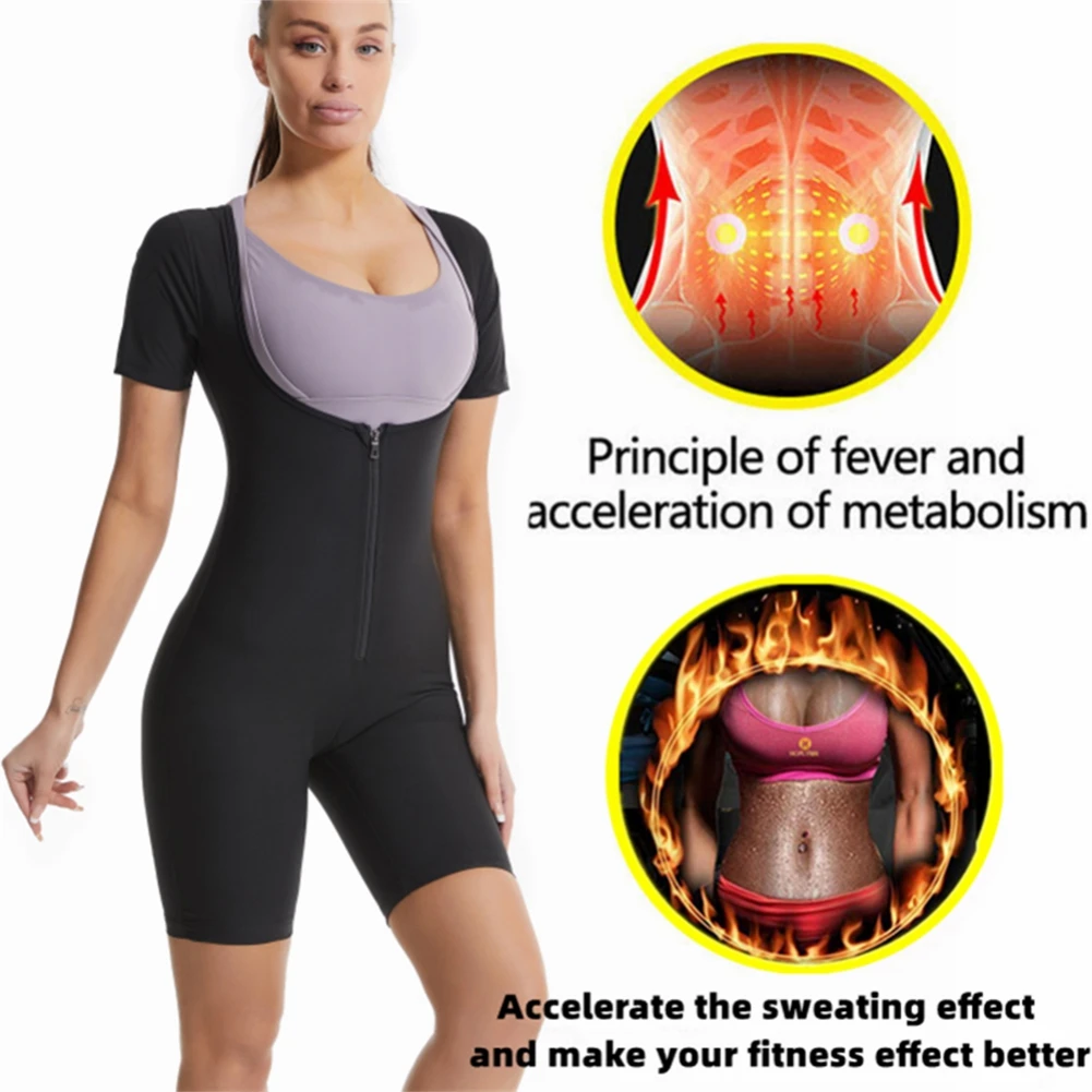 Sports Suit Home Sauna Suit for Women Sweat Vest Waist Trainer 3 in 1 Slimming Full Body Shaper Workout Fitness Top with Sleeve Shorts