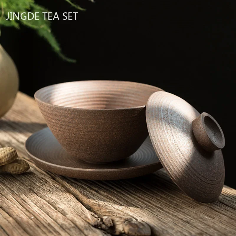 Retro Kiln Change Ceramics Gaiwan Handmade Pottery Tea Tureen Teacup Household Tea Set Accessories Chinese Cover Bowl Drinkware