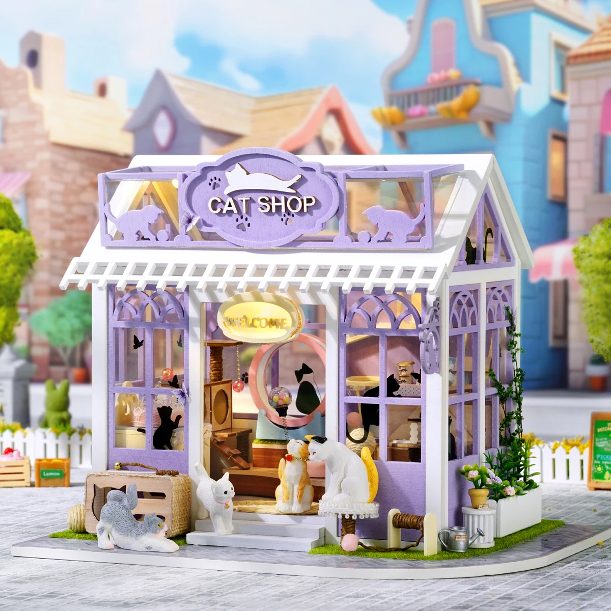 Wooden Miniature Doll House Cat Shop 3D Puzzle Assembly Building