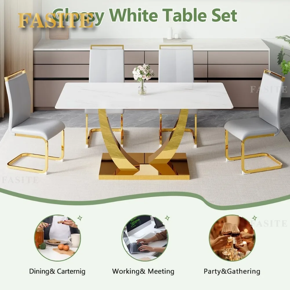 6 Set Minimalist Modern Dining Room Table Set 63” Glass Dining Table, for Kitchen Table and PU Leather Chairs
