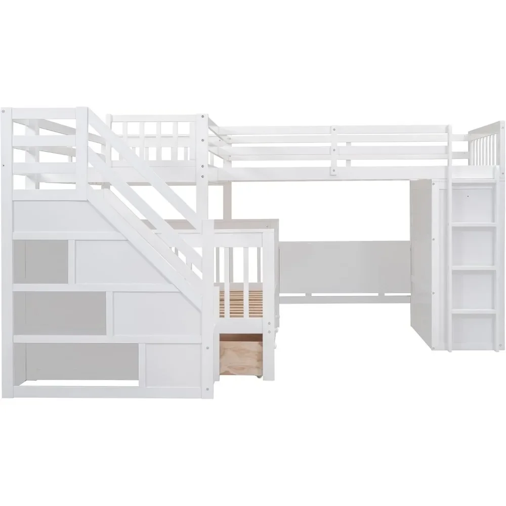 L-Shape Triple Bunk Beds with Stairs and Desk,Twin Over Full Bunk Bed with Storage Wardrobe, Shelves and Drawers,Wood Staircase 5