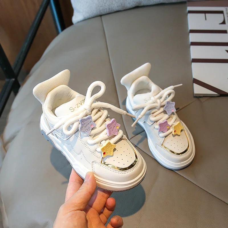 2024 New Girls Sneakers Stars Cute Versatile Lace-up Kids Fashion Casual Sport Shoes Children Unique Breatheable Solid Color PU