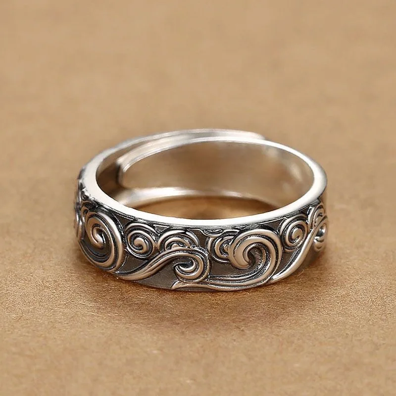 

Domineering S999 Sterling Silver Exquisite Wedding Bands Gift Matte Retro Auspicious Cloud Adjustable Open Men's Ring Jewelry