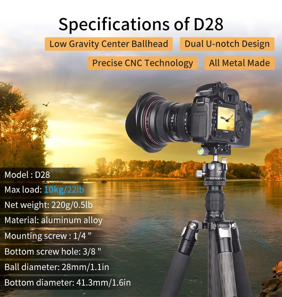 Description Picture 3 of itemINNOREL Professional Tripod Ball Head Low Gravity Center 360 Panoramic CNC 28mm/34mm Ball for Tripod monopod Load 10kg/15kg