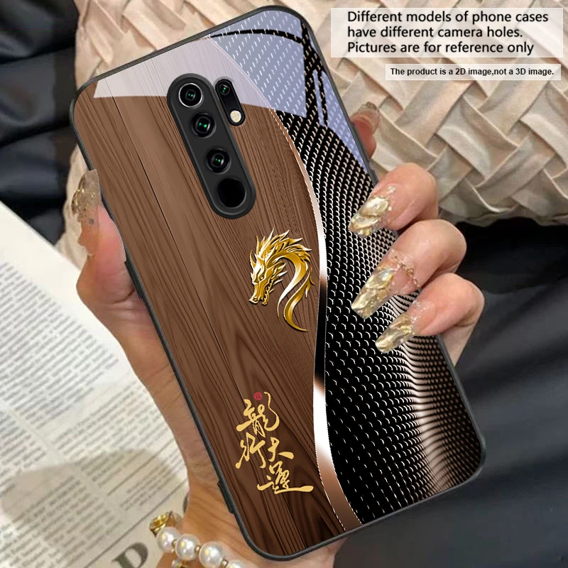 Elegant Black Tempered Glass Phone Case with Traditional Dragon Totem Design