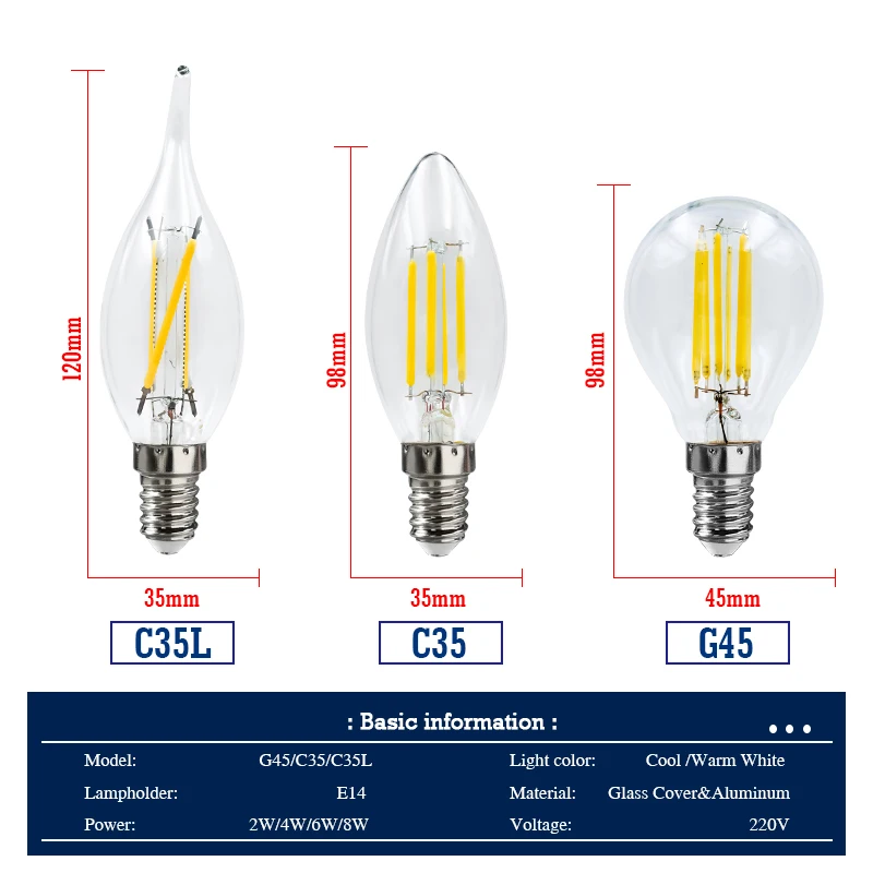 E27 E14 LED 전구, 2W, 4W, 6W, 8W, AC220V Lampada LED C35, A60, ST64, G80, G95, 봄빌라 스포트라이트 조명, 차갑고 따뜻한 흰색 램프, 6 개