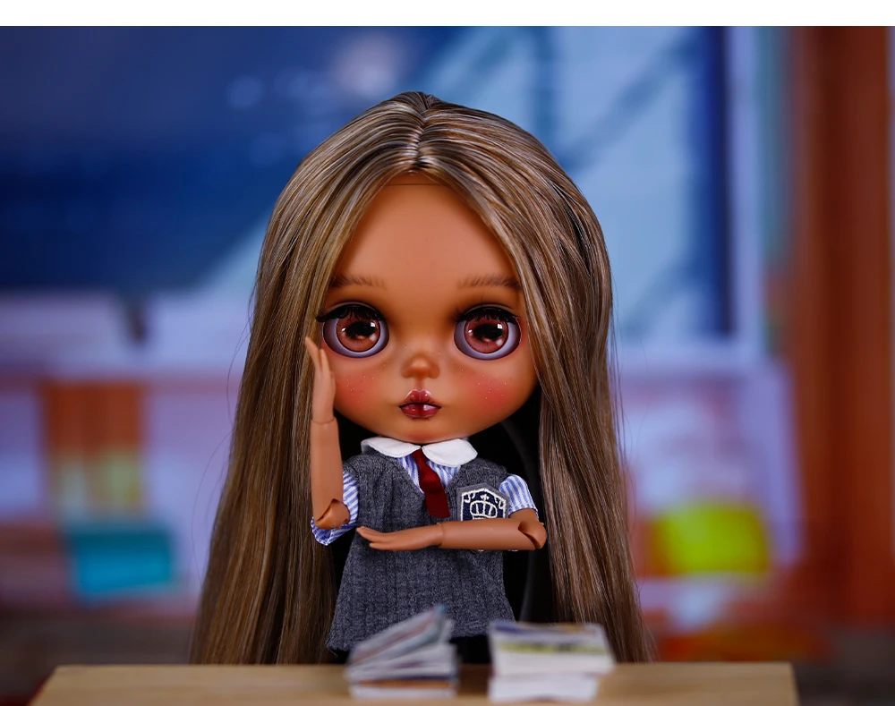 Anjelica – Premium Custom Neo Blythe Doll with Multi-Color Hair, Dark Skin & Matte Cute Face 7