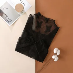 Elegant Mesh Lace Blouse - Long Sleeve Sheer Crop Top - M (Black)