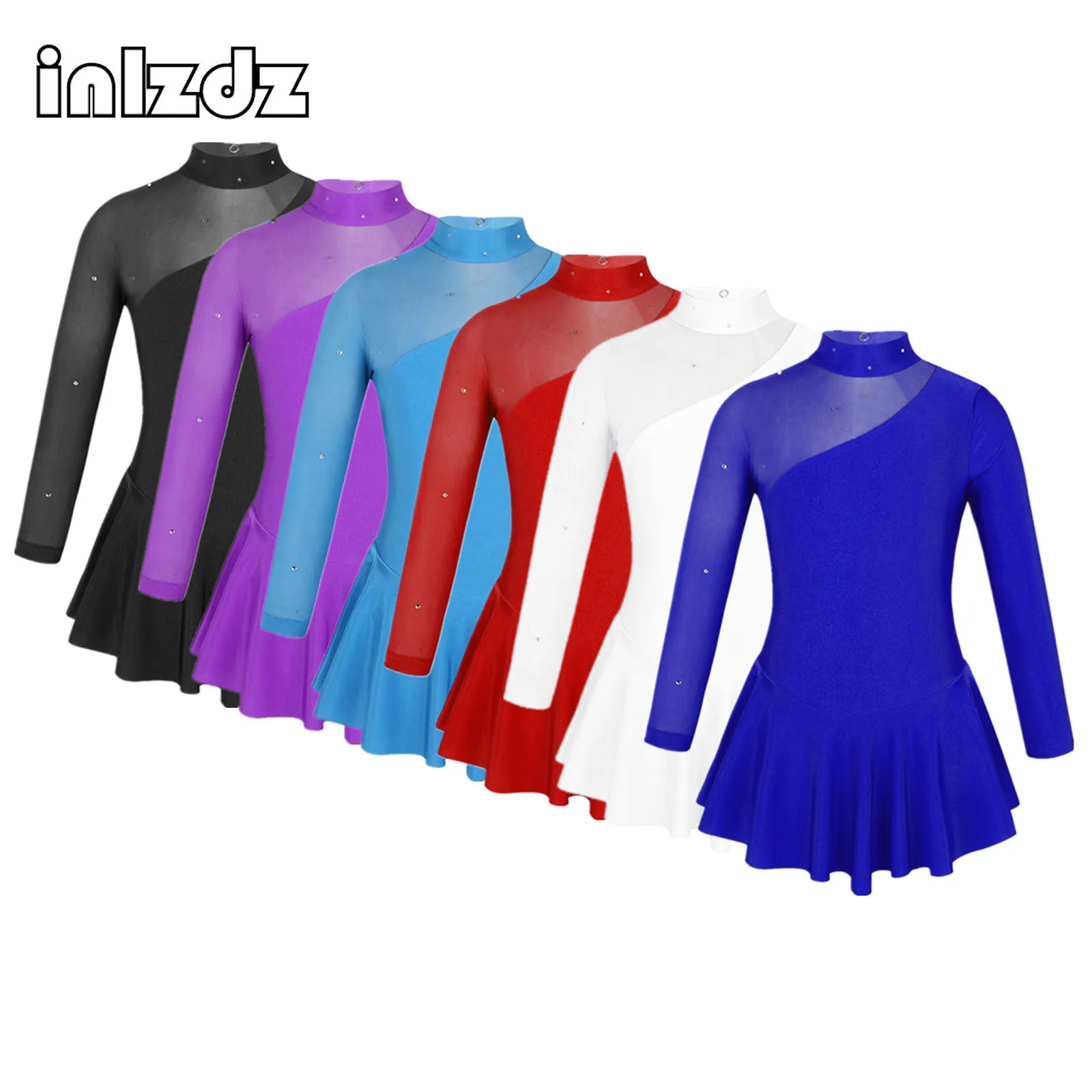 Kids Girls Gymnastic Leotard Figure Ice Skating Dress Long Sleeves Mock Neck Tulle Splice Cutouts Back Ballroom Ballet Dress