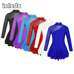 Kids Girls Gymnastic Leotard Figure Ice Skating Dress Long Sleeves Mock Neck Tulle Splice Cutouts Back Ballroom Ballet Dress