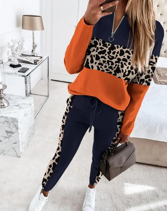 Two Piece Sets Womens Outifits 2022 Autumn Fashion Contrast Leopard Colorblock O-Neck Long Sleeve Top & Casual Long Pants Set womens two piece sets outfit colorblock shawl collar tie front blazer