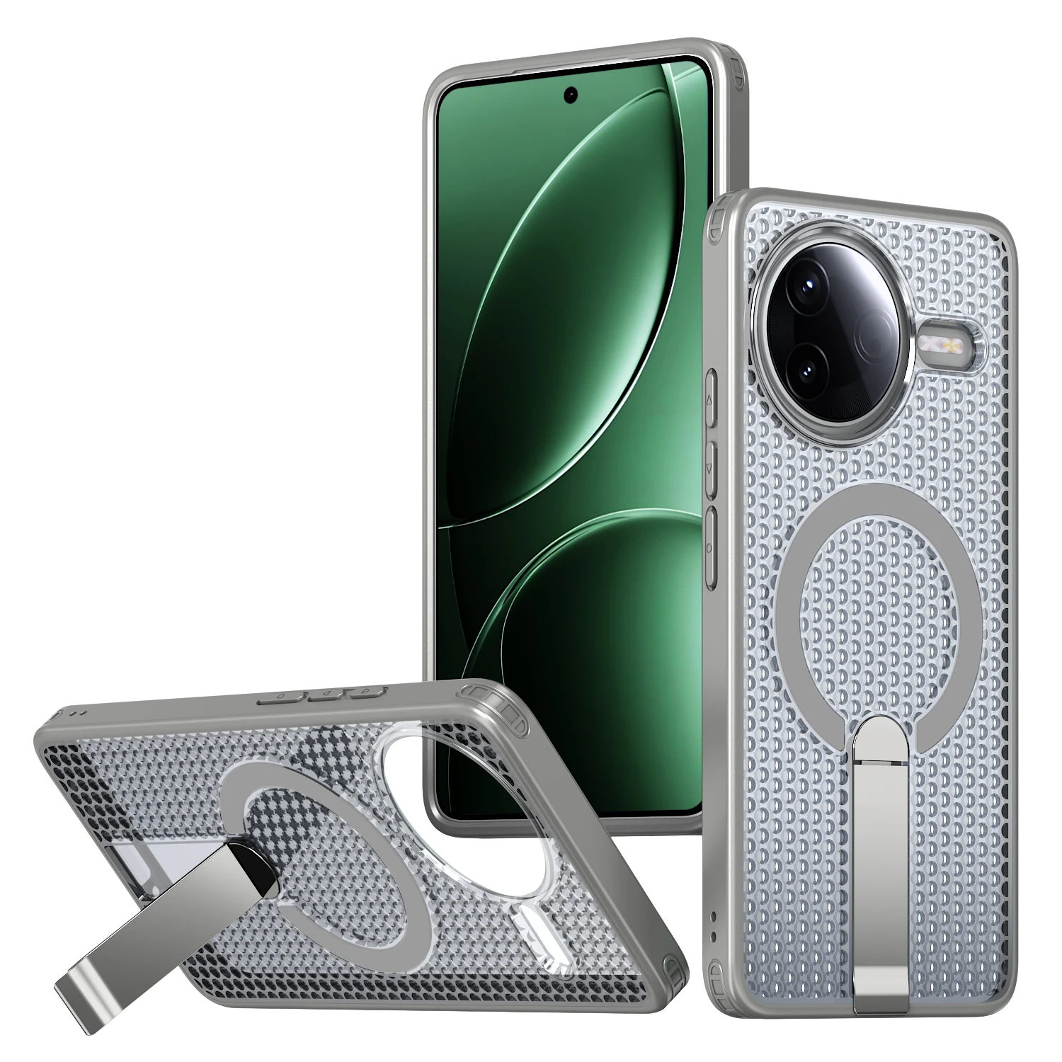Magnetic Armor Phone Case with Cooling Design - Metal Bracket, TPU Frame & Acrylic Back Cover