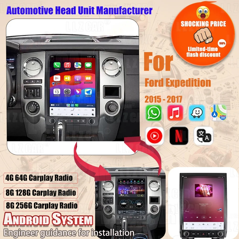 For Ford Expedition 2015-2017 Android 13 Car Radio Wireless CarPlay GPS Navi Touch Screen Bluetooth Multimedia Stereo Head Unit