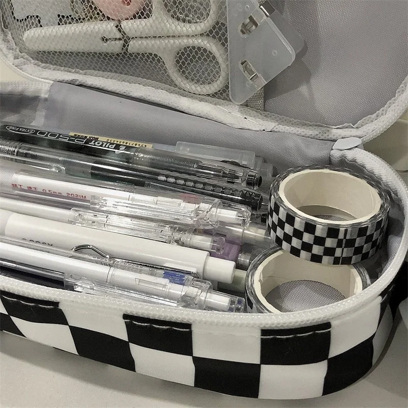 간단한 대용량 흑백 격자 무늬 연필 케이스, 휴대용 캔버스 소재 연필 가방, 학교 사무용품 문구