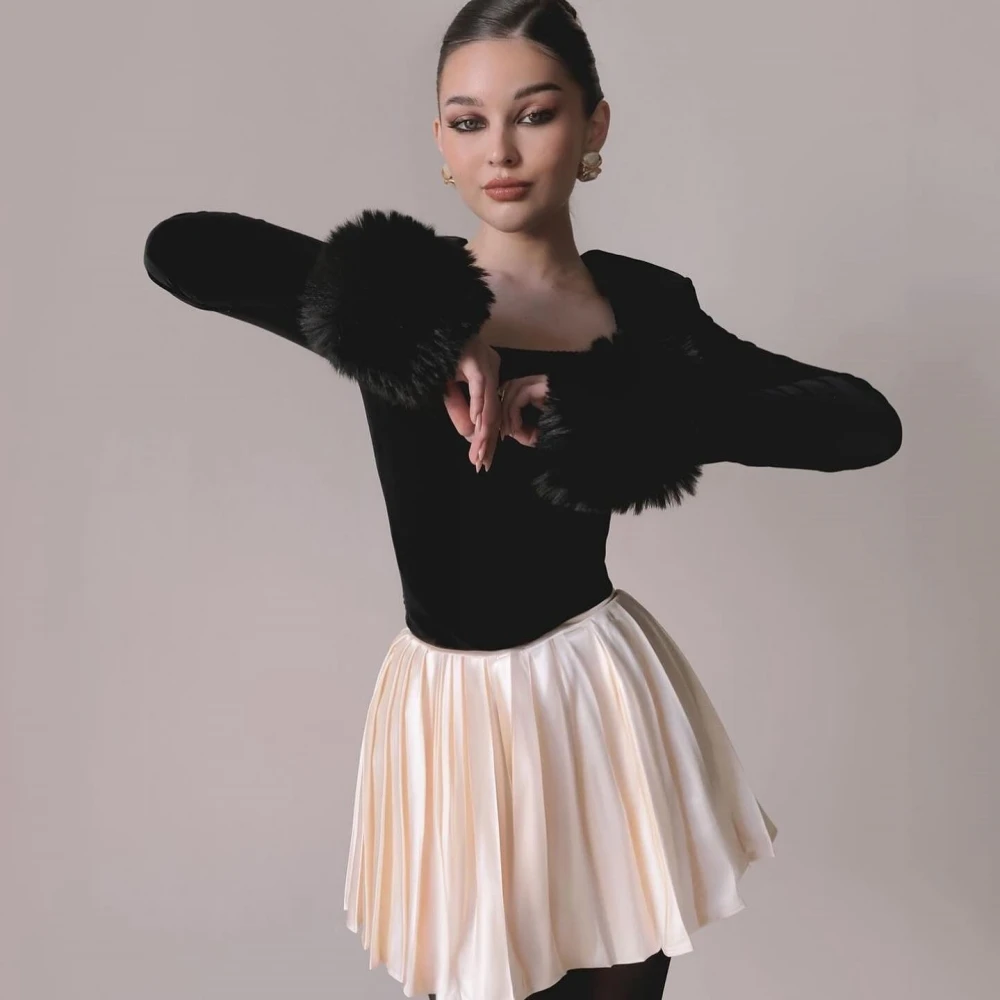 Exquisite High Quality Sparkle Velour Fur Ruched Cocktail Party A-line Square Neck Bespoke Occasion Gown Mini Dresses