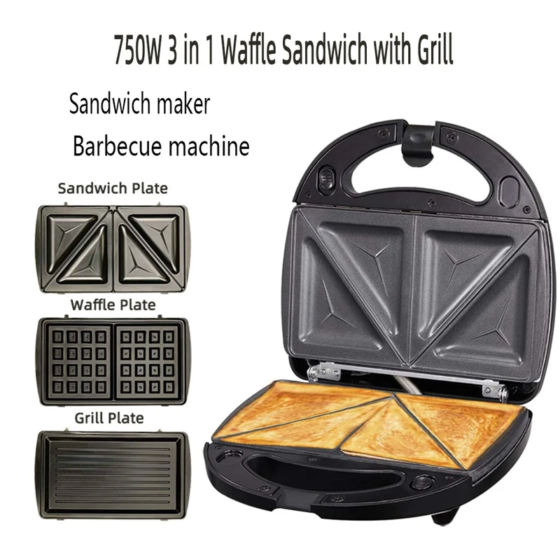 3 In 1 Sandwich Press Waffle And Steak Machine 750W Tostapane Sandwich Con 3 Piastre Antiaderenti Rimovibili Spina Americana