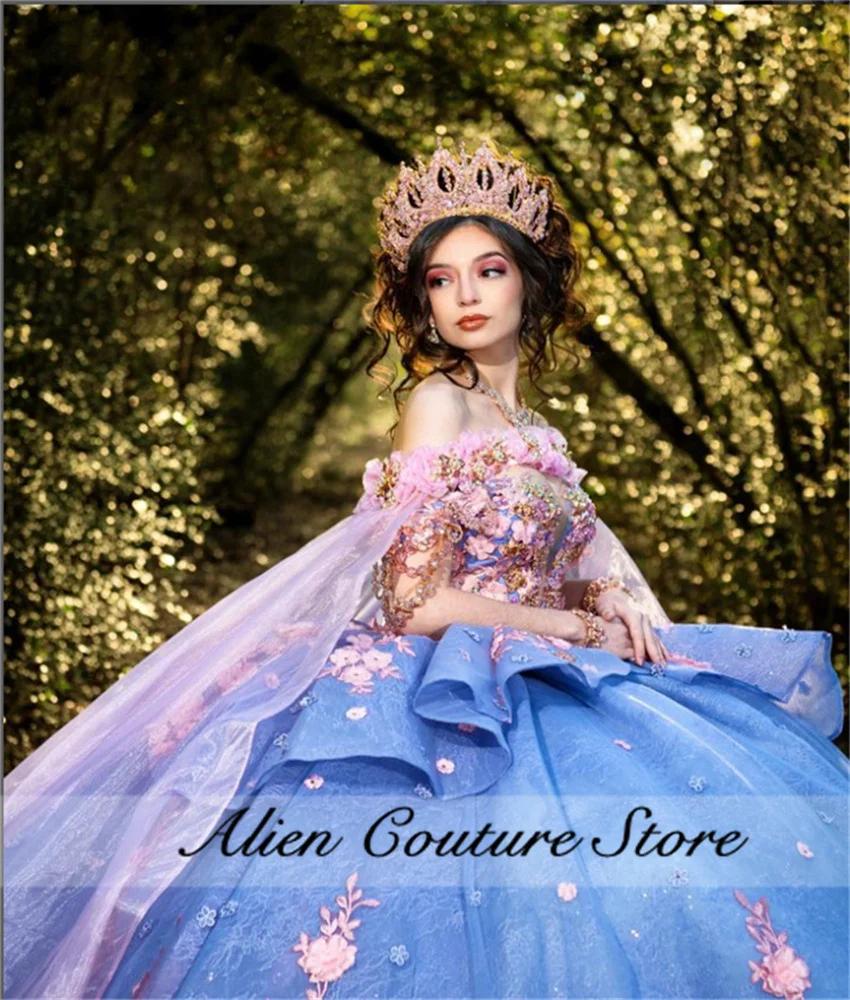Exquisite Blue Quinceanera Dress Luxury Bead 3D Pink Flower Applique Birthday Gown Sweet 16 Dress With Cape Customized