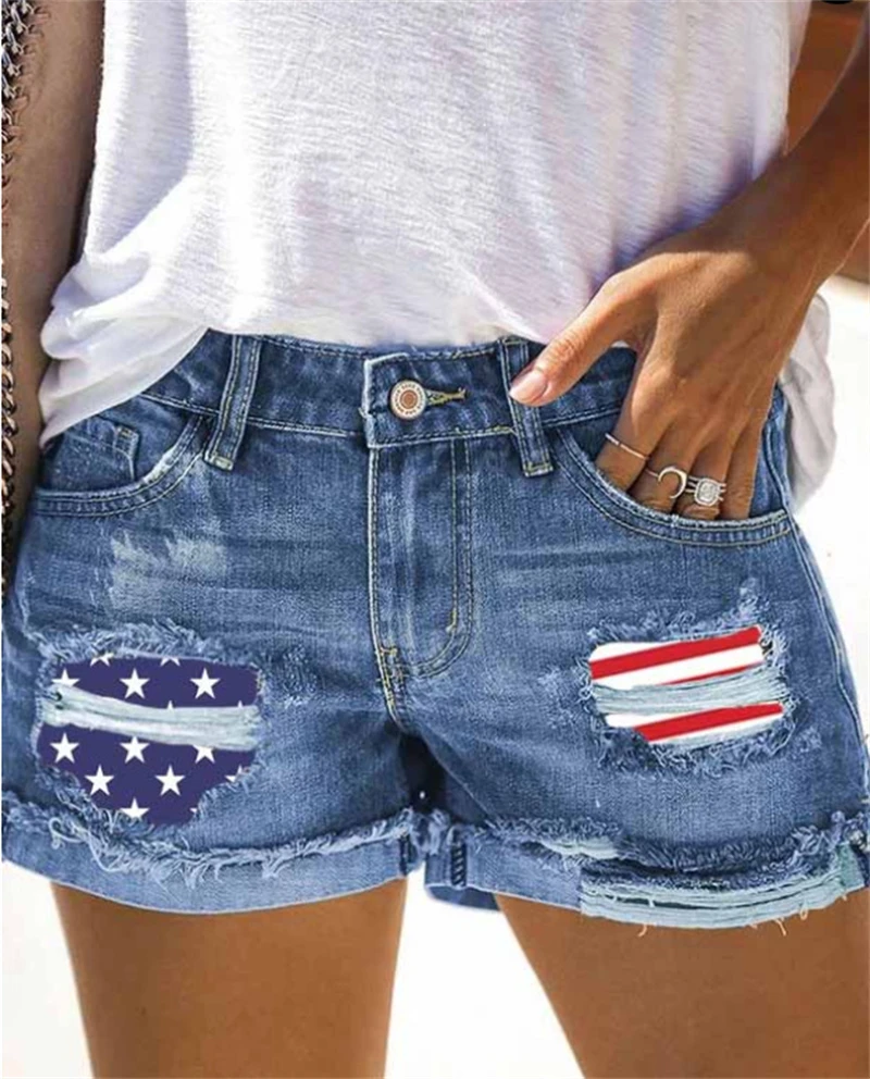 

July 4th Summer Street Hipster Woman Denim Shorts Independence Day Women's Clothing Flag Ripped Jean Shorts for Girl Maid Lady