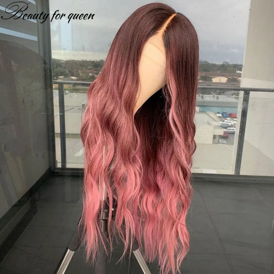 

Ombre Pink Wavy Lace Front Human Hair Wigs For Women 150% Density Brazilian Hair HD Transparent Lace Frontal Wigs With Baby Hair