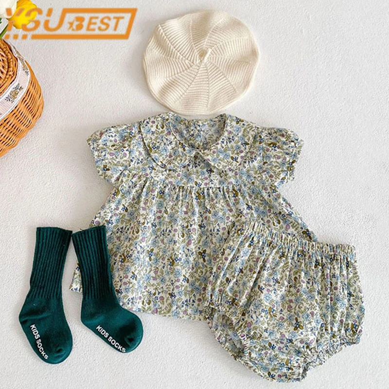 baby dress and set Korean Style Flower Summer 2022 Short Sleeves Tops+PP Shorts Suit Baby Girls Clothes Infant Baby Girls Clothing Suit baby outfit matching set