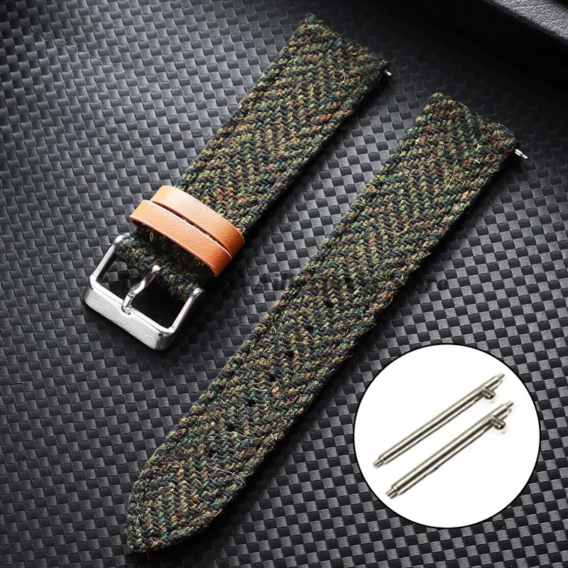 Vintage Leather Tweed Nylon Watchband Strap - Unisex Replacement Wristband with Tweed Fabric Accent