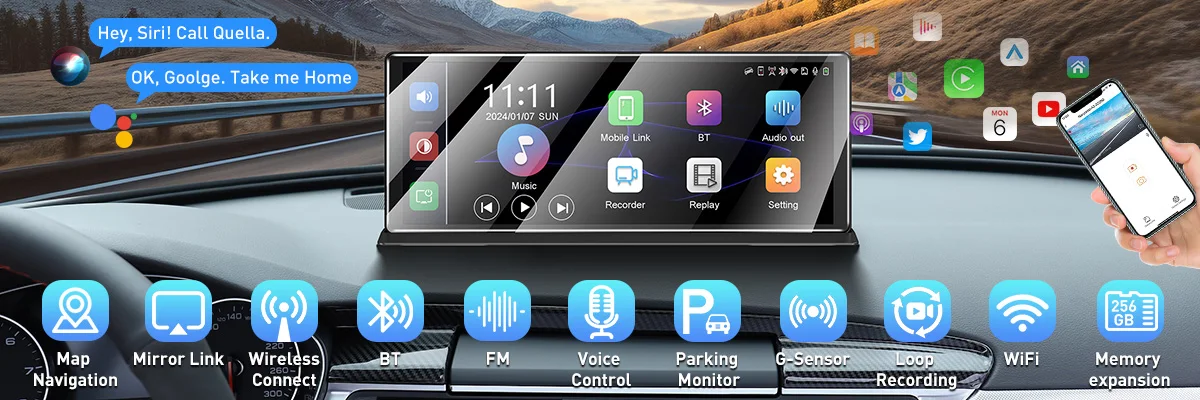 ESSGOO 11,26 Zoll Tragbare Dashcam Rückfahrkamera Carplay Android Auto 4K DVR Navi-Player Dual-Objektiv-Recorder Armaturenbrett WIFI BT AUX GPS FM – Detail 1