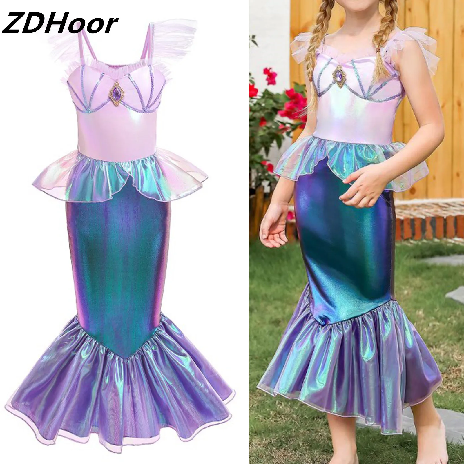 

Pink Kids Girls Halloween Birthday Mermaid Dress Sleeveless Shiny Metallic Flounce Fishtail Skirt Cosplay Performance Dress