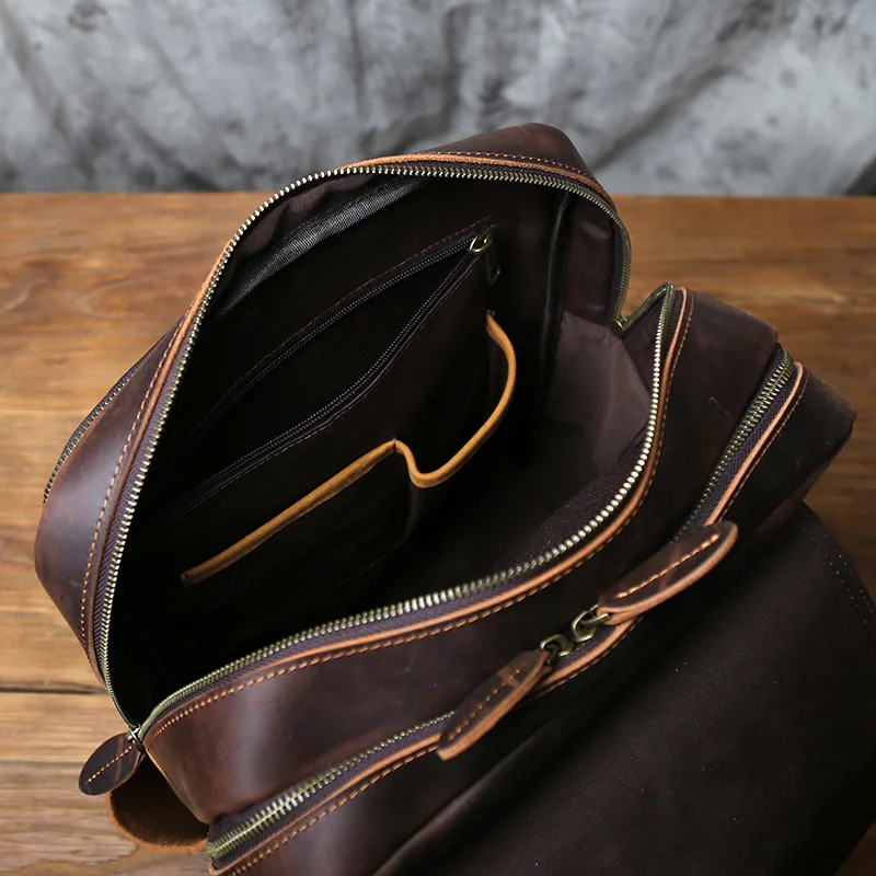 NZPJ Vintage Genuine Leather Men's Backpack Crazy Horse Leather Backpack Natural Cowhide Travel Bag Leisure Computer Bag