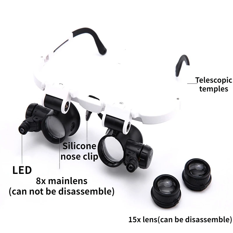 Headband Magnifier 2LED Head-Mounted Illuminating Microscope Headband Repair LED Lamp Light Magnifying Glass with 8x 15x 23x Magnifier Loupe