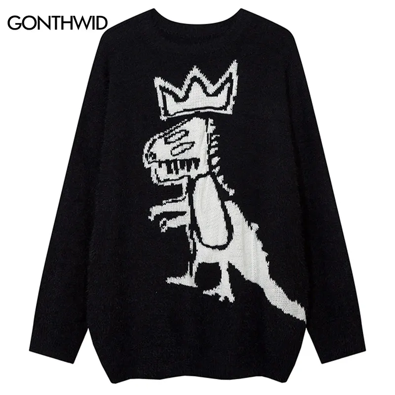 

Hip Hop Sweater Grunge Harajuku Knitted Graffiti Funny Cartoon Dinosaur Jumper Streetwear 2023 Hip Hop Fashion Loose Pullovers