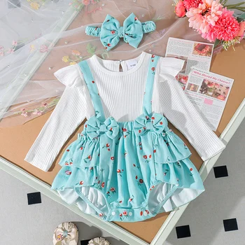 3PCS Autumn New Style 0-1 Year Old Girl Newborn Sweet And Cute Round Collar White Top + Strap Pants Set 1
