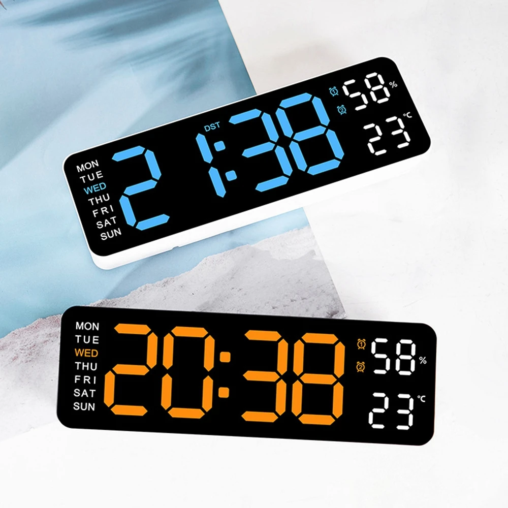 Digital Wall Clock Large Digital Wall Clock Temperature and Humidity Week Display Brightness Adjustable Electronic LED Table Alarm Clock 12/24H