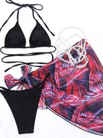 INGAGA Sexy 3 Piece Bikini Halter Swimwear Women Swimsuit with Skirt 2022 New Beach Cover Up Knot Bathing Suit Summer Beachwear