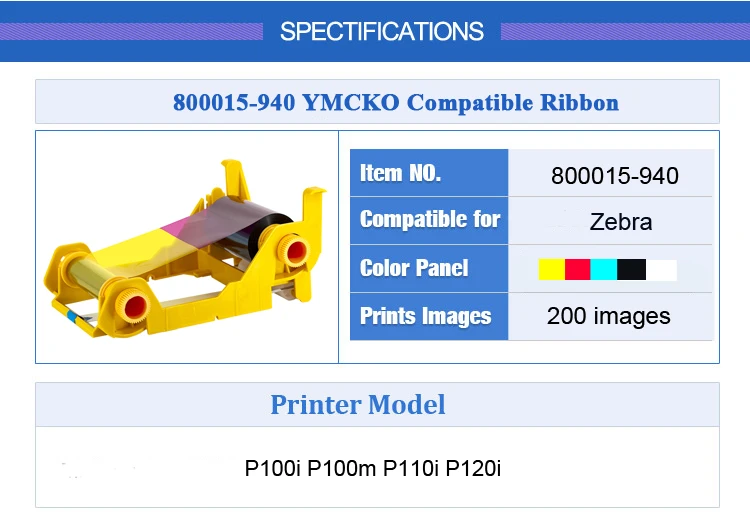 Zebra P100i P100m P110i P120i 카드 프린터용 10 Pcs 호환 800015-940 YMCKO 컬러 리본 200 프린트