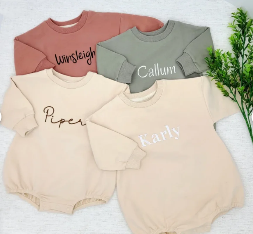 Embroidered Name Newborn Baby Girl Boy Solid Color Cotton Romper Infant Toddler Long Sleeve Jumpsuit Spring Hoodie Baby Clothes 2