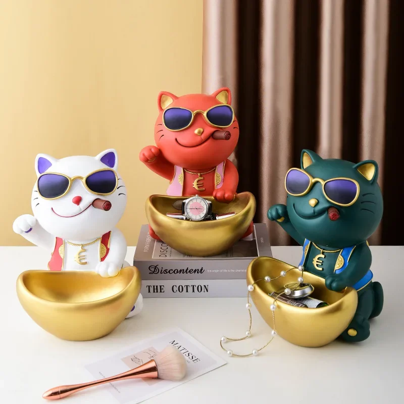 

Lucky Cat Statue Home Decor Storage Animal Sculpture Home Living Room Candy Porch Key Storage Tray Resin Handicraft Decoration