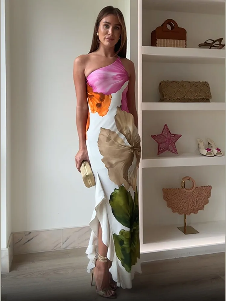 Printed Off Shoulder Cocktail Maxi Dress with Asymmetrical Neckline