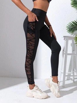 Side Mesh Yoga Women's Leggings Black Fabric Patchwork High Waist Soft Comfortable Gym Fitness Sportswear Long Pants 1