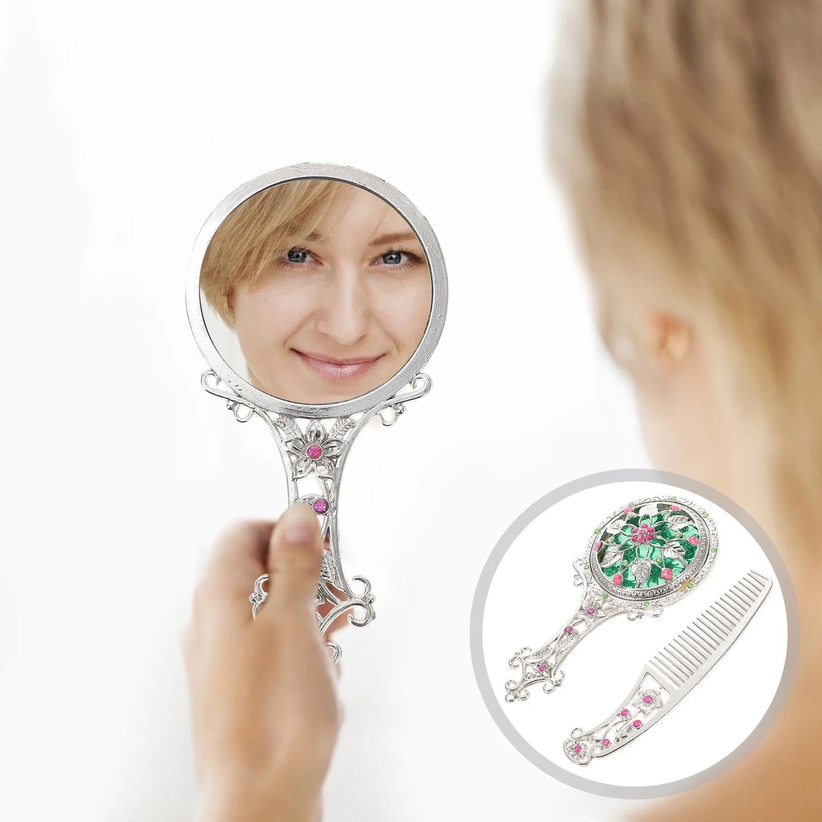 1세트 레트로 꽃무늬 빗 세트 휴대용 손거울 내구성 높은 고화질 컴팩트 여행용 메이크업 거울