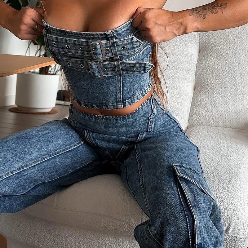 

European American Retro Spicy Girl Denim2-Piece Set Women 2024 Summer Sexy Bra Top Loose High Waisted Wide Leg Pants Jeans Tide