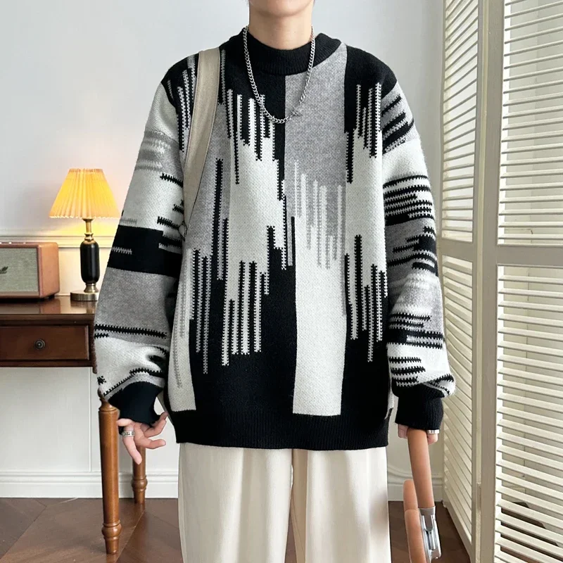 

Men's Winter Striped Sweater Outdoor Windproof Crewneck Embroidered Pullover Korean Version of Men's Plush Knitted Sweater