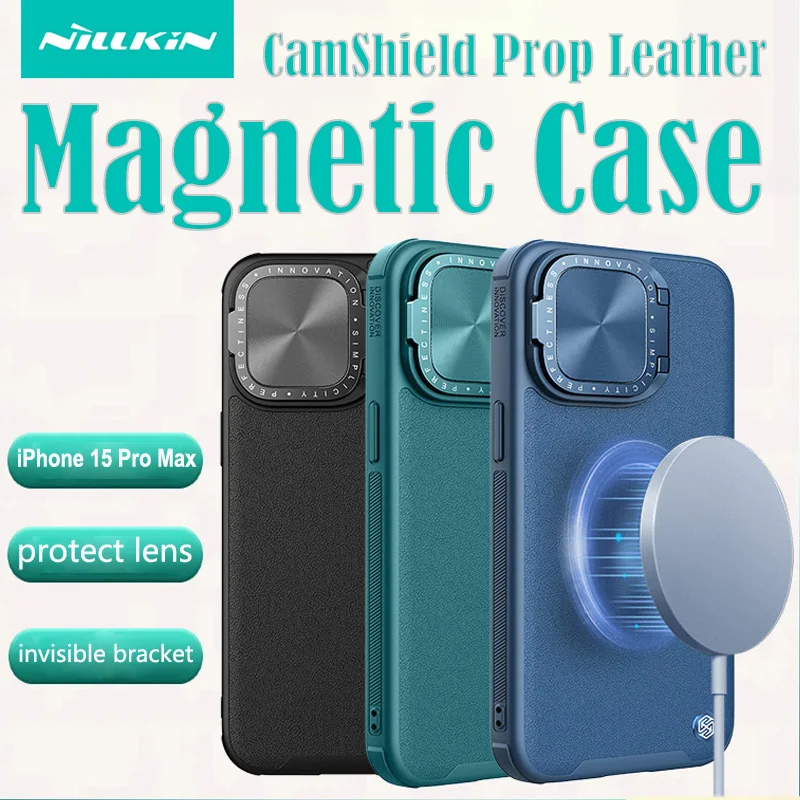 

Чехол для iPhone 15 Pro Max MagSafe NILLKIN CamShield Prop, кожаный магнитный чехол для камеры, складной чехол-подставка для iPhone15 pro max
