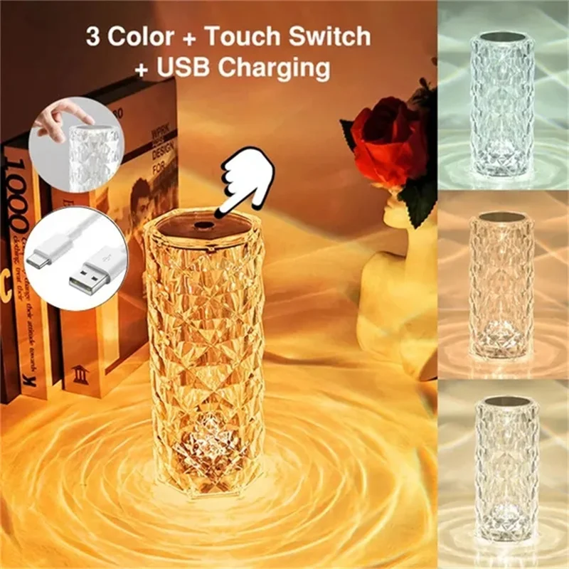 LED Crystal Table Lamp Rose Lamp Projector 3/16 Color Touch Adjustable Romantic Diamond Atmosphere USB Touch Night Light