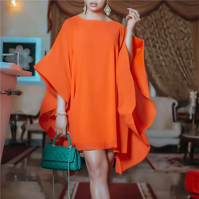 Lemongor 2023 New Elegant Batwing Sleeve Party Evening Orange Dress Summer Fashion Solid Color Round-neck Mini Dresses For Women Ranked Product Recommendation