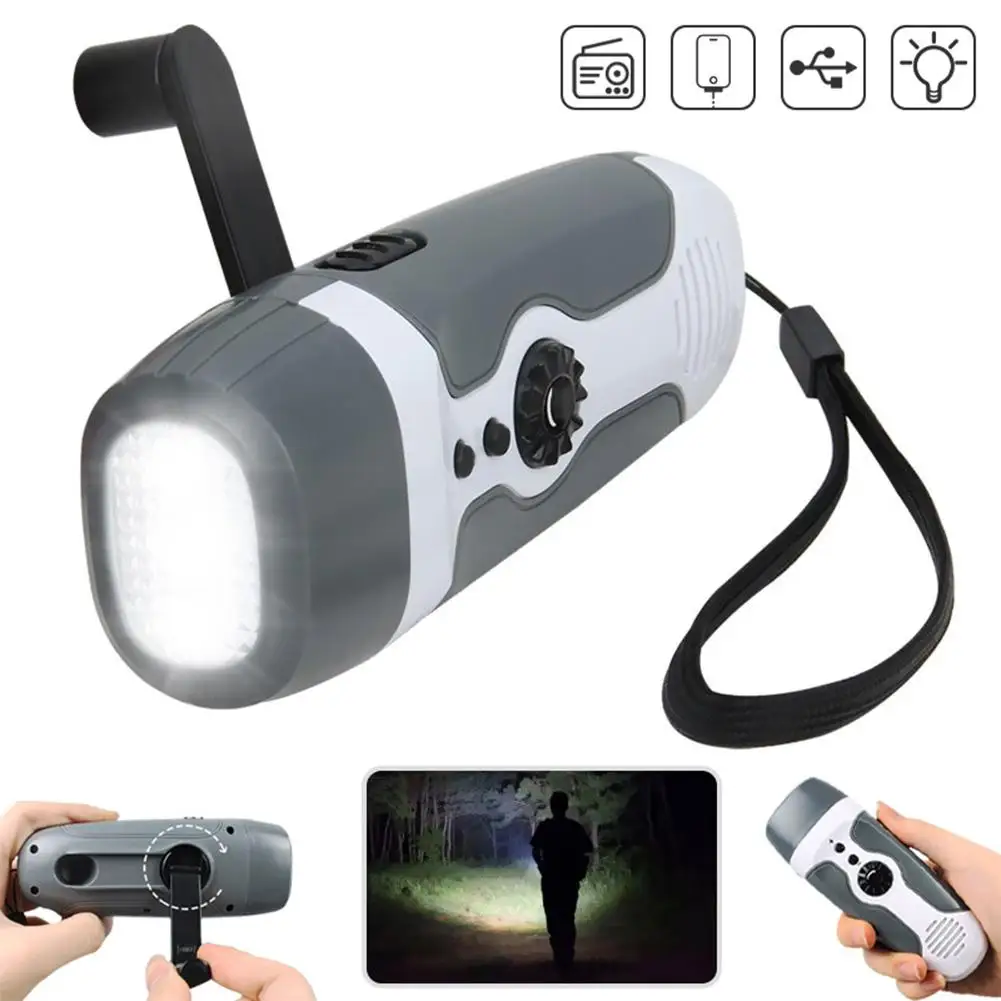 

Outdoor 3 In1 Portable Emergency Flashlight Hand Crank Generator Hand Lamp FM Radio Power Bank Torch USB Rechargeable Led Lights