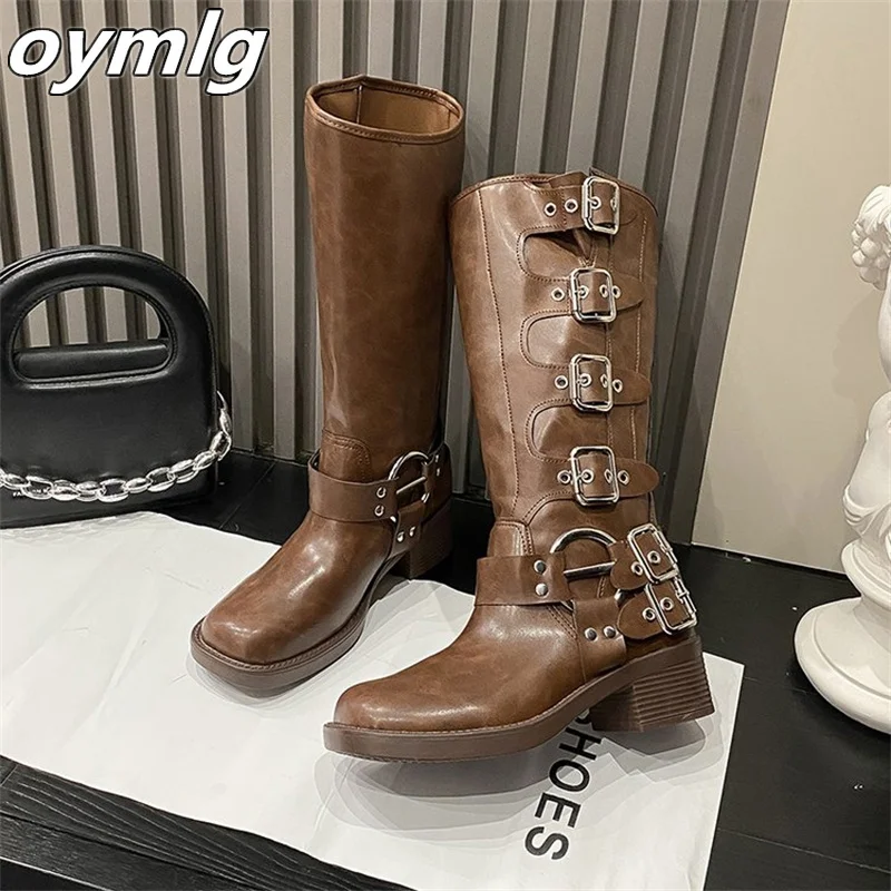 Retro knee length boots with belt buckle, thick heels, brown women's autumn and winter new Western boots, knight fashion boots